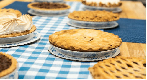 A variety of pies on a blue checkered tablecloth, showcasing different crusts and toppings.