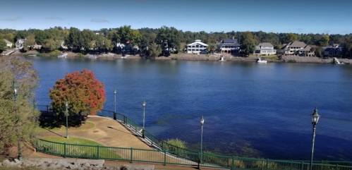 Scenic view of a river with houses along the shore, a tree with red leaves, and a walkway with lampposts.