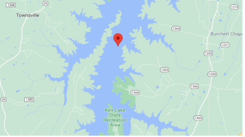 Map showing Kerr Lake State Recreation Area with a red marker indicating a specific location.