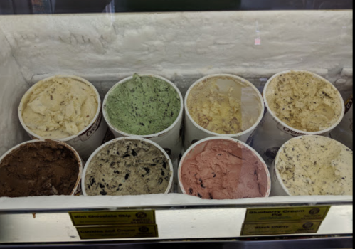 A variety of ice cream flavors in tubs, including chocolate chip, mint, cookies and cream, and cherry.