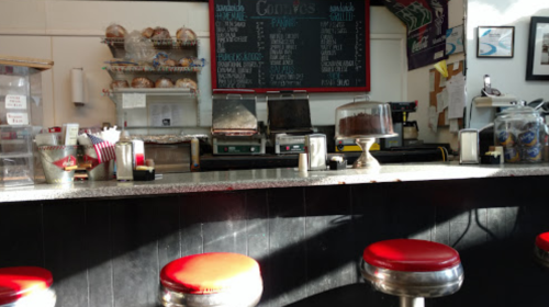 A retro diner counter with red stools, a menu board, and a display of baked goods in the background.