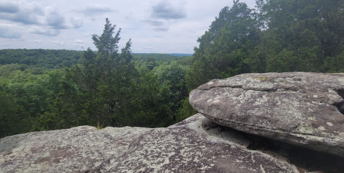 A rocky outcrop overlooks a lush green landscape with trees and distant hills under a cloudy sky.