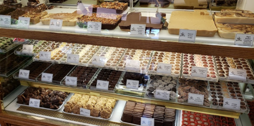 A display case filled with various types of chocolates and fudge, labeled with names and prices.