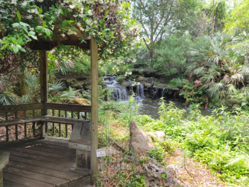 A wooden gazebo surrounded by lush greenery and a small waterfall in a serene natural setting.