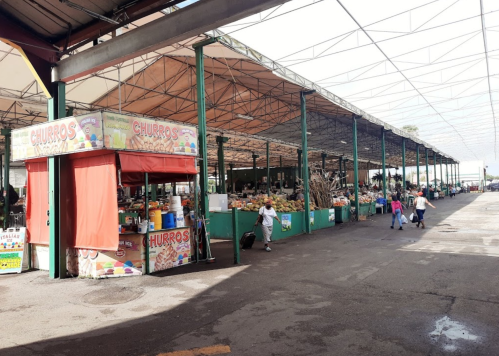 A bustling market with stalls selling churros and fresh produce under a large canopy. Shoppers walk through the aisles.