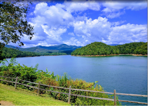 Scenic view of a calm lake surrounded by lush greenery and mountains under a bright blue sky with fluffy clouds.