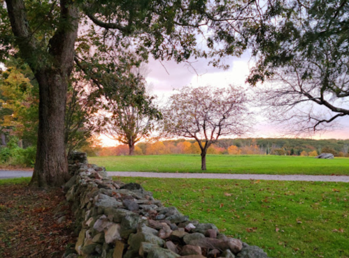 A serene landscape featuring a stone wall, trees, and a sunset over a grassy field.