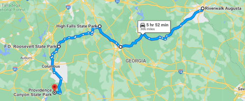 Map showing a route from Providence Canyon State Park to Riverwalk Augusta, covering 306 miles in approximately 5 hours and 52 minutes.