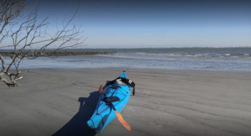 A blue kayak rests on a sandy beach near calm waters, with a bare tree branch in the background.