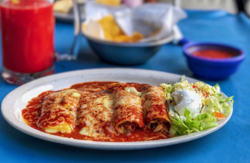 A plate of enchiladas topped with red sauce, served with a side of salad and a small bowl of salsa.