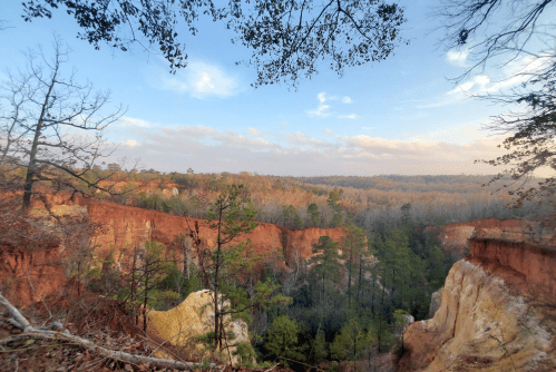 A scenic view of a canyon with red cliffs, trees, and a cloudy sky, showcasing autumn foliage.