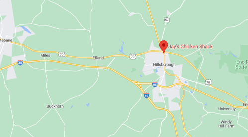 Map showing the location of Jay's Chicken Shack in Hillsborough, North Carolina, near highways 57, 70, and 40.