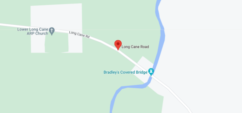 Map showing Long Cane Road near Bradley's Covered Bridge and Lower Long Cane ARP Church.