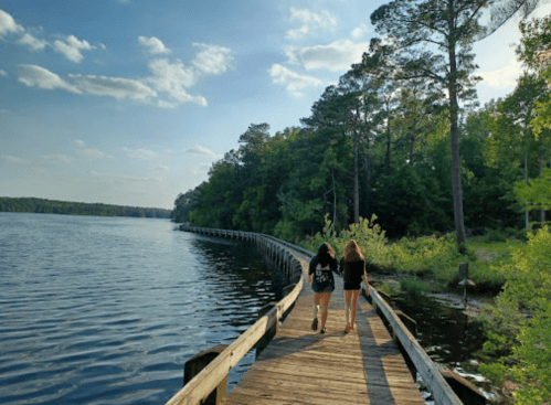 Two people walk along a wooden path by a serene lake, surrounded by lush greenery and a clear blue sky.