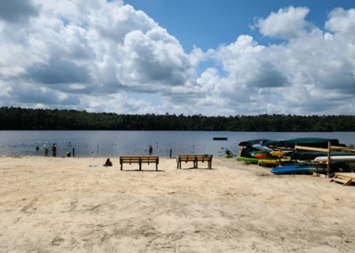 A sandy beach by a lake with benches, kayaks, and people enjoying the water under a partly cloudy sky.