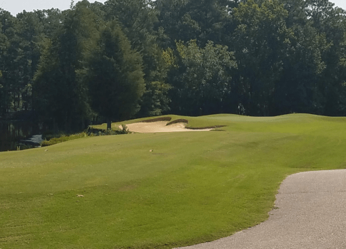 A sunny golf course with a sand trap, lush green grass, and trees in the background near a calm water body.