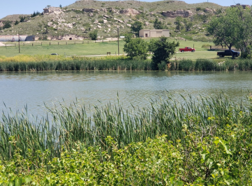 A serene lake surrounded by tall grasses, with green hills and a few vehicles in the background under a clear sky.
