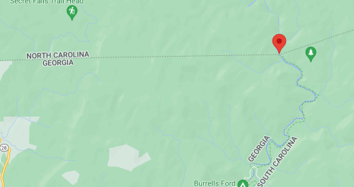 Map showing a location near the border of North Carolina and Georgia, with a red marker indicating a specific point.