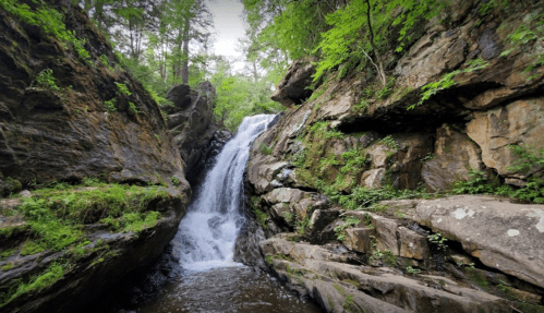 A serene waterfall cascading down rocky cliffs, surrounded by lush green foliage and trees.