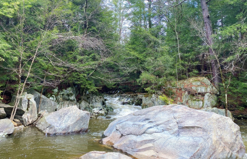 A serene river flows through a forest, surrounded by large rocks and lush green trees.