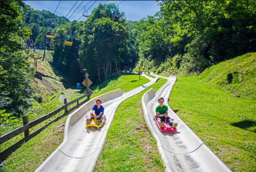 Two children ride down a summer slide on a sunny day, surrounded by green trees and a scenic hillside.