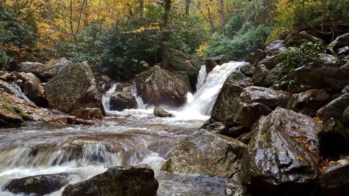 A serene waterfall cascades over rocks, surrounded by lush greenery and autumn foliage.