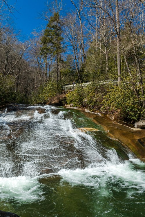 A cascading waterfall flows over rocky terrain, surrounded by trees and a clear blue sky.