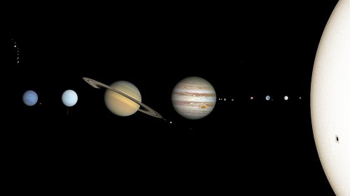 A lineup of planets in the solar system, including Saturn and Jupiter, against a black background with the sun on the right.
