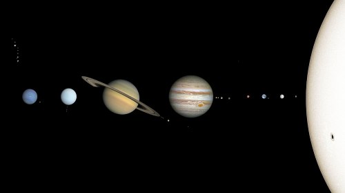 A lineup of planets in the solar system, including Neptune, Saturn, Jupiter, Earth, and the Sun in the background.