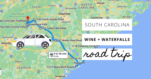 Map showing a road trip route in South Carolina, highlighting wine and waterfalls, with a car icon and travel details.