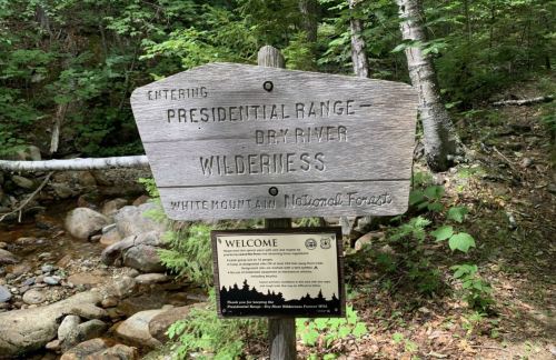 Wooden sign marking the entrance to the Presidential Range-Dry River Wilderness in White Mountain National Forest.