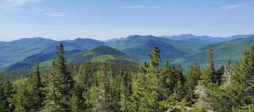 A panoramic view of lush green mountains and forests under a clear blue sky.