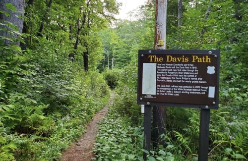 A wooded trail with a sign reading "The Davis Path," surrounded by lush greenery and trees.
