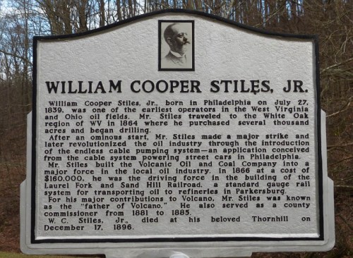Historical marker for William Cooper Stiles Jr., highlighting his contributions to coal and railroad industries in Pennsylvania.
