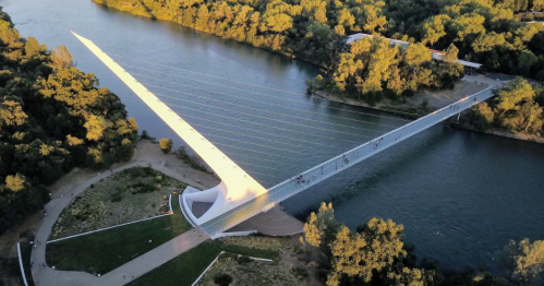 Aerial view of a modern bridge with a sleek design spanning a river, surrounded by trees and green spaces.