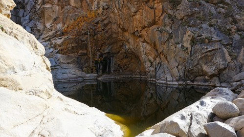 A serene rocky landscape with a still pool of water reflecting surrounding cliffs and a lone tree.