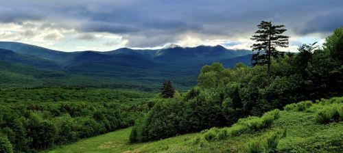 A panoramic view of lush green mountains under a cloudy sky, with trees in the foreground and peaks in the distance.
