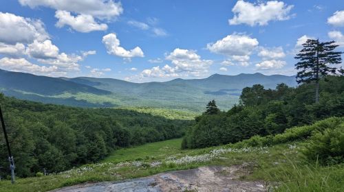 A panoramic view of lush green mountains under a blue sky with fluffy white clouds.