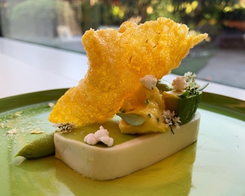 A vibrant dessert featuring a green mousse base, topped with a crispy yellow garnish and decorative herbs.