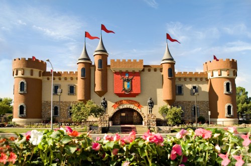 A colorful castle with towers and flags, surrounded by flowers and trees under a clear blue sky.