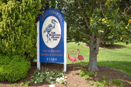Sign welcoming visitors to The Hyman Island Inn, featuring flamingo decorations and lush greenery.