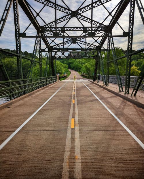 A view of a metal bridge with a smooth road and bike lane, surrounded by lush greenery under a cloudy sky.