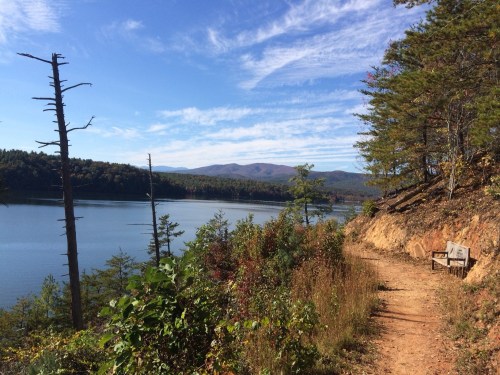Scenic view of a lake surrounded by trees, with a path and a bench overlooking the water and mountains in the distance.