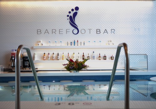 A modern bar with a sleek design, featuring a variety of bottles and a floral arrangement, next to a pool.