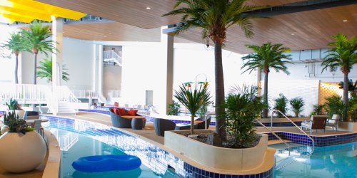 Indoor pool area with palm trees, lounge chairs, and a relaxing atmosphere. Bright and modern design.