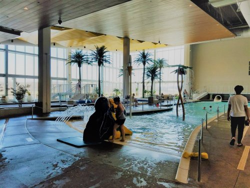 Indoor pool area with palm trees, water features, and people enjoying the space. Bright, spacious atmosphere.