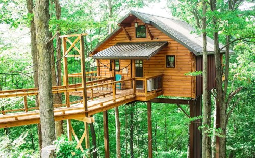 A wooden treehouse nestled among green trees, connected by a wooden walkway.
