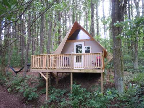 A cozy A-frame cabin on stilts surrounded by tall trees and greenery, featuring a wooden deck and large windows.