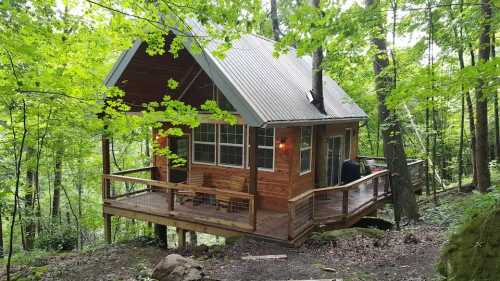 A cozy wooden cabin nestled in a lush green forest, featuring a porch and surrounded by trees.