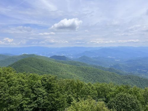 A panoramic view of lush green mountains under a partly cloudy sky, with valleys stretching into the distance.